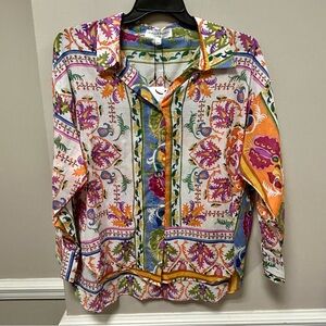 Chelsea & Theodore Woman Sz 1X Floral Button-Up Shirt NWT Orange Ivory & Blue